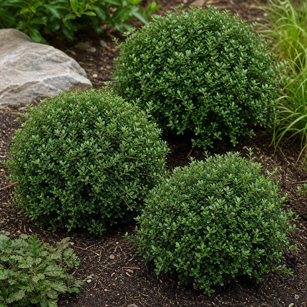 Drei perfekte Ilex-Kugeln in gestaffelten Größen in einem modernen Beet.