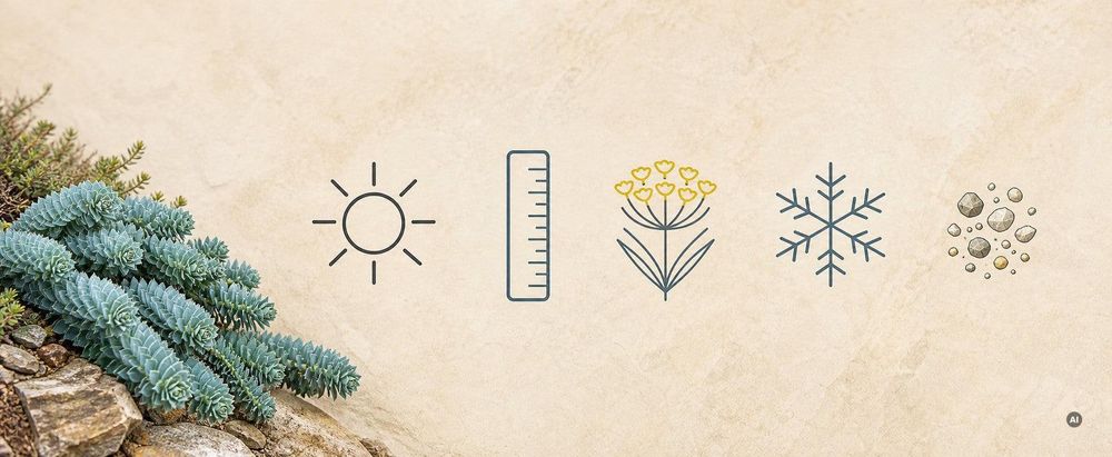Icon-Schnellfakten-Grafik: Sonne, Lineal, Blüte, Schneeflocke, Sandkorn.