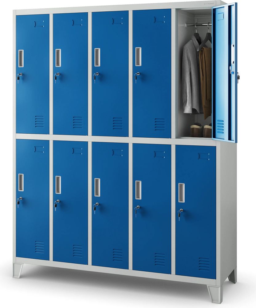 Umkleideschrank 5B2A Spind Spint Schließfachschrank Metallschrank mit 10 Fächern Etikettenhalter Metall 172 cm x 136 cm x 45 cm Farbe: Grau-Blau