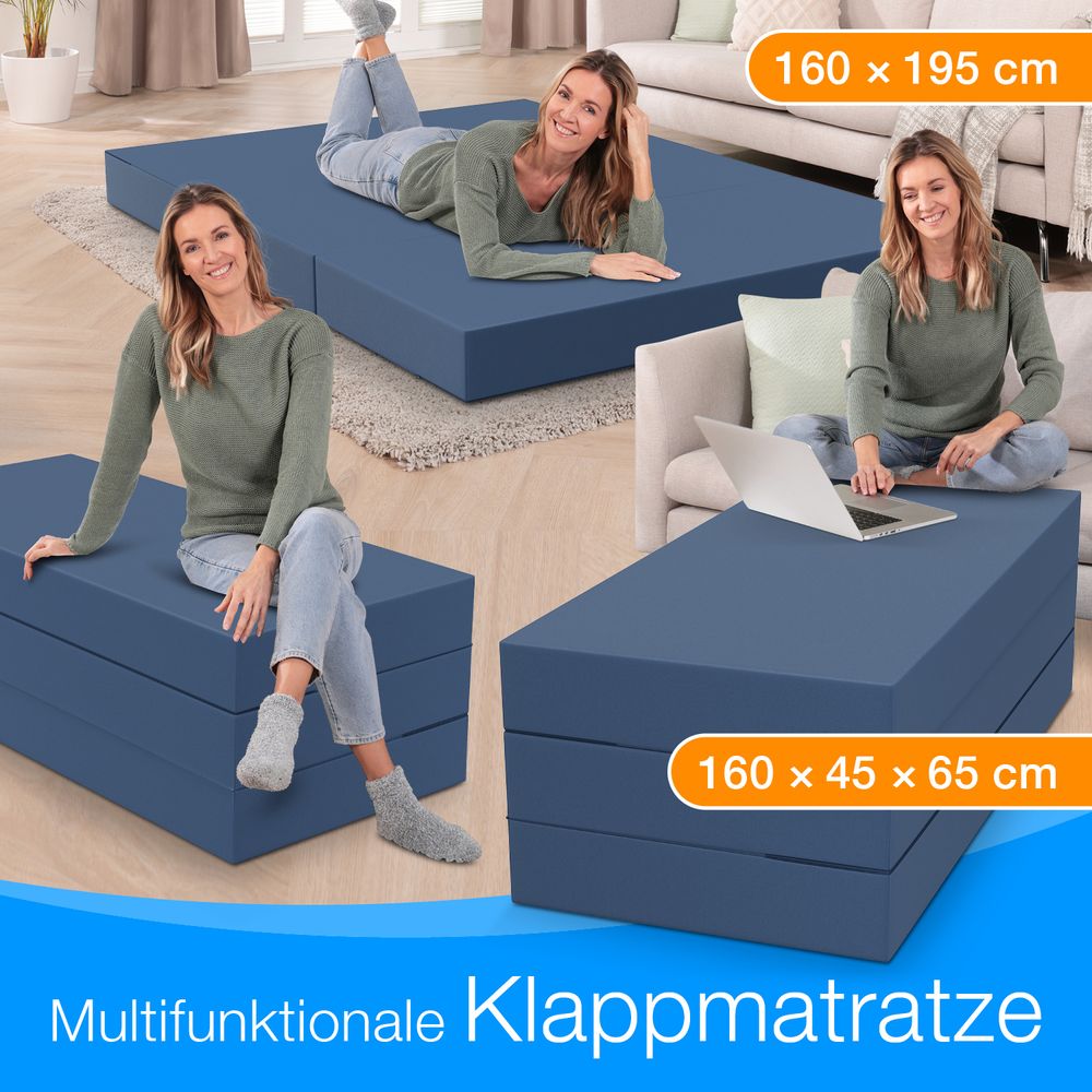 ELONEO Klappmatratze, Gästematratze, 3-teilige Faltmatratze, Schaumstoff extra dick(15cm),  Bandscheibenwürfel, klappbar, faltbare Matratze, (Blau)