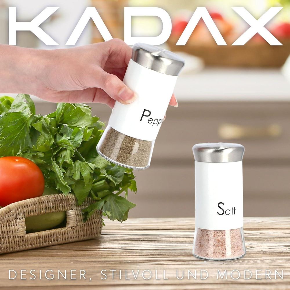KADAX Salz-und Pfefferstreuer "Force", aus Glas und Edelstahl, Gewürzstreuer Set, Gewürzgläser, Weiß, 150 ml