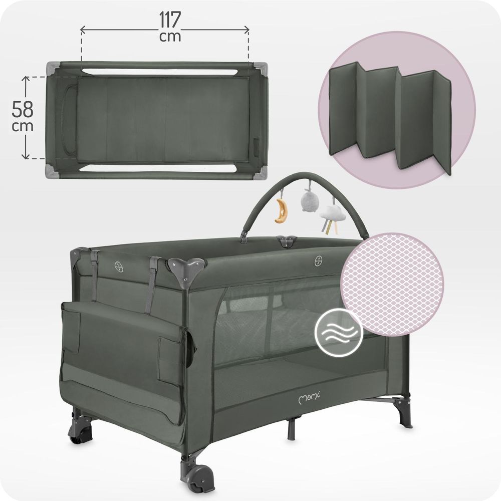 MoMi BELOVE PLUS – Babyreisebett mit Matratze, Spielbogen & Wickeltisch, 2 Ebenen, Zubehör inkl. – Dunkelgrün