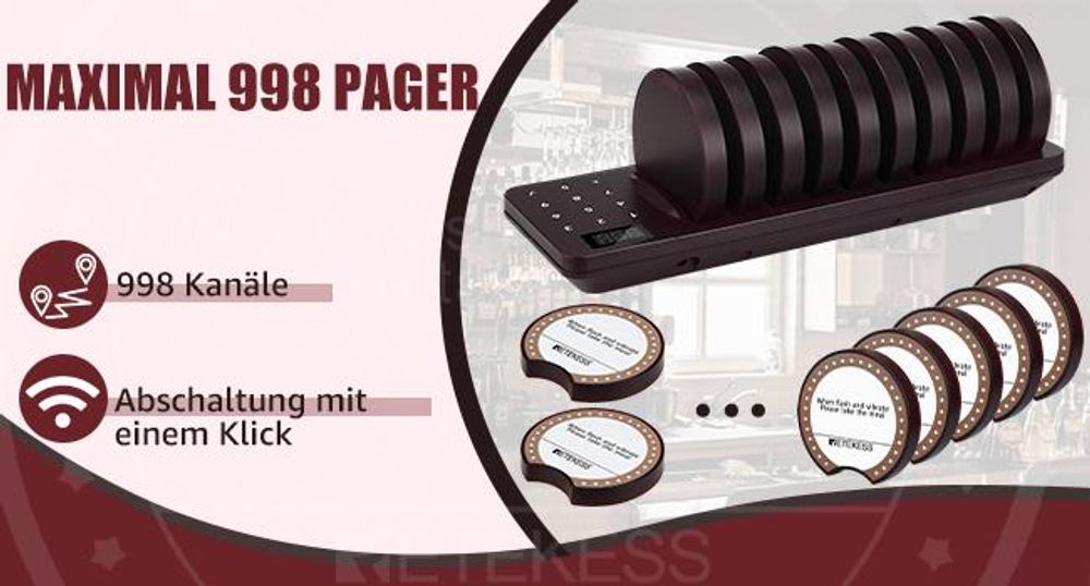 Retekess TD162 Drahtloses Anrufsystem, Restaurant Pager System, Stabile 10 Untersetzer, 32 Anrufmodi 250s Dauer 20H Standby, 400M Touchscreen Einfach zu Krankenhaus, Snack, Bar, Café