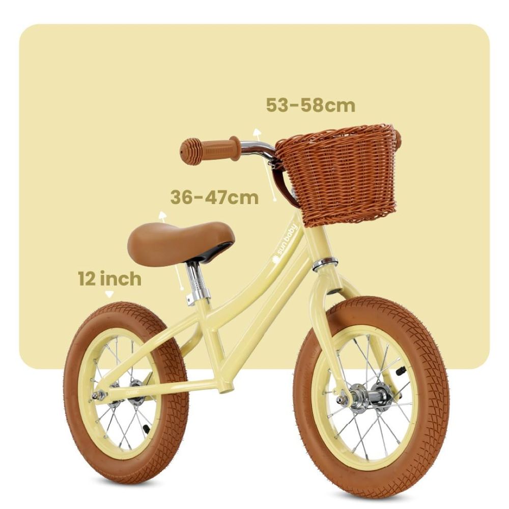 Afbeelding met maatvoering van zadel, stuur en wielen van de loopfiets.