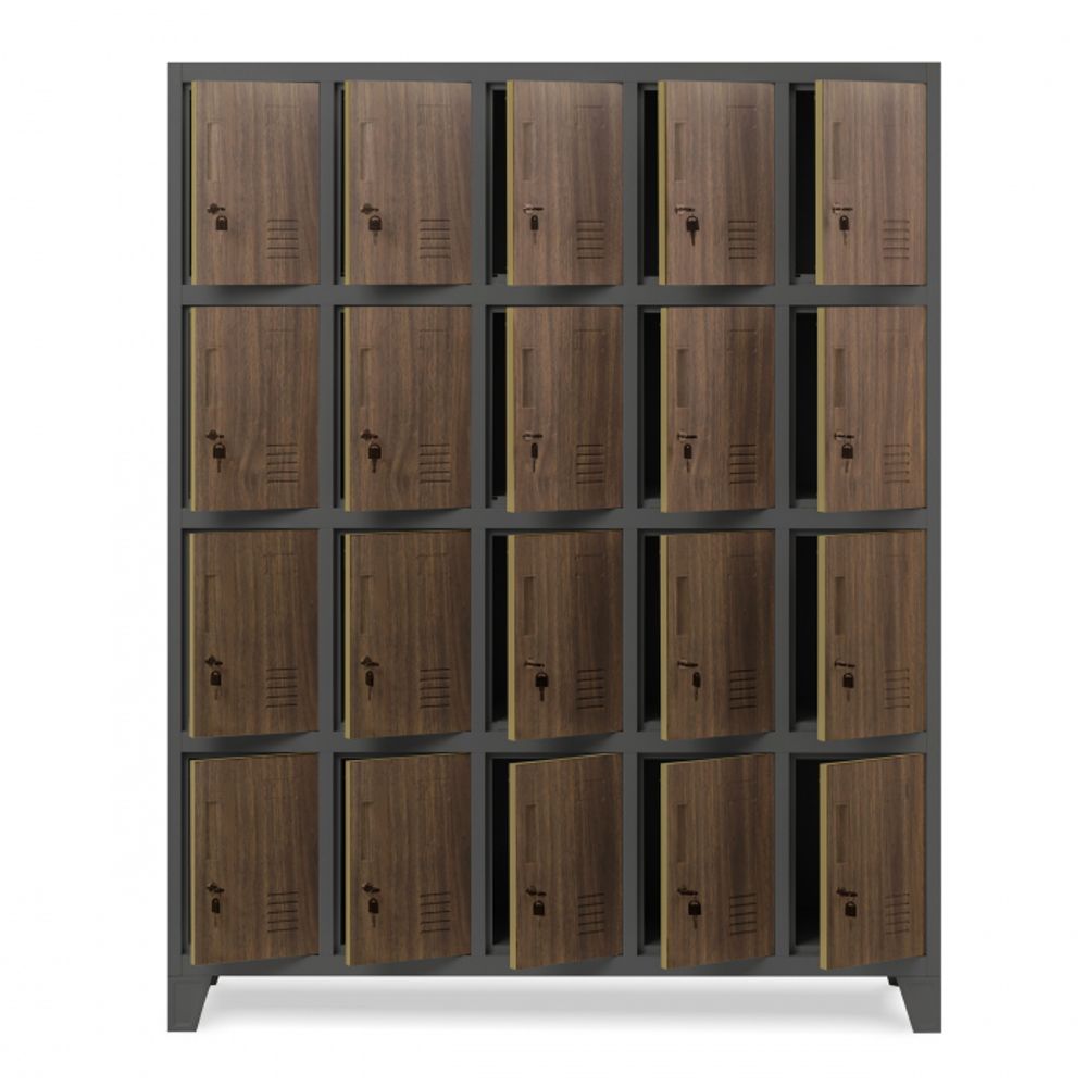 Umkleideschrank 5B4A Fächerschrank Schließfachschrank mit 20 Fächern Wertfachschrank Metall Pulverbeschichtung 172 cm x 136 cm x 45 cm (H x B x T) Farbe: Anthrazit-Holzoptik