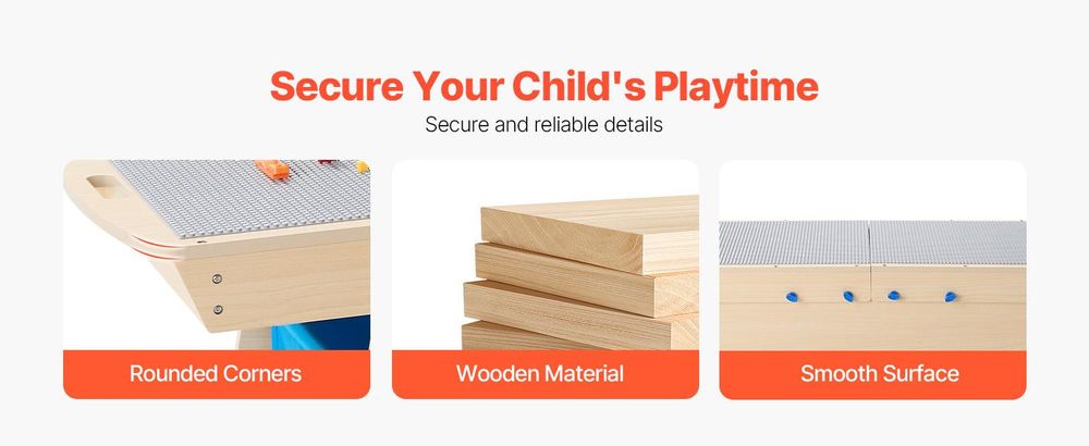 VEVOR Kindertisch 905 x 497 x 393 mm, Aktivitätstisch aus Holz, Mehrzweck-Spieltisch mit 200 Bausteinen und 3 Aufbewahrungsbehältern, Bausteintisch, Geschenk für Kinder ab 3 Jahren, Holzfarbe