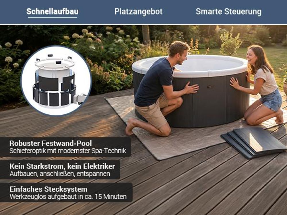 Miweba Whirlpool MSpa Frame Denver | 6 Personen - Outdoor Pool - Feste Außenwand - 130 Massagedüsen - Ganzjähriger Einsatz - Winterfest - 182x182x70cm