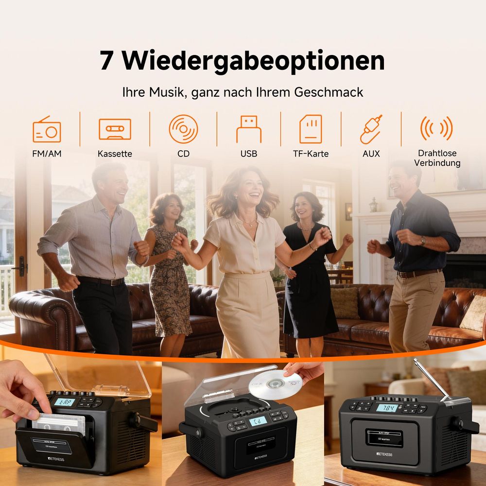 Retekess TR642 CD Player tragbar, Bluetooth, AM FM Radio, 5000mAh Boombox mit wiederaufladbare Akk, AUX/USB/TF, für Familien Camping