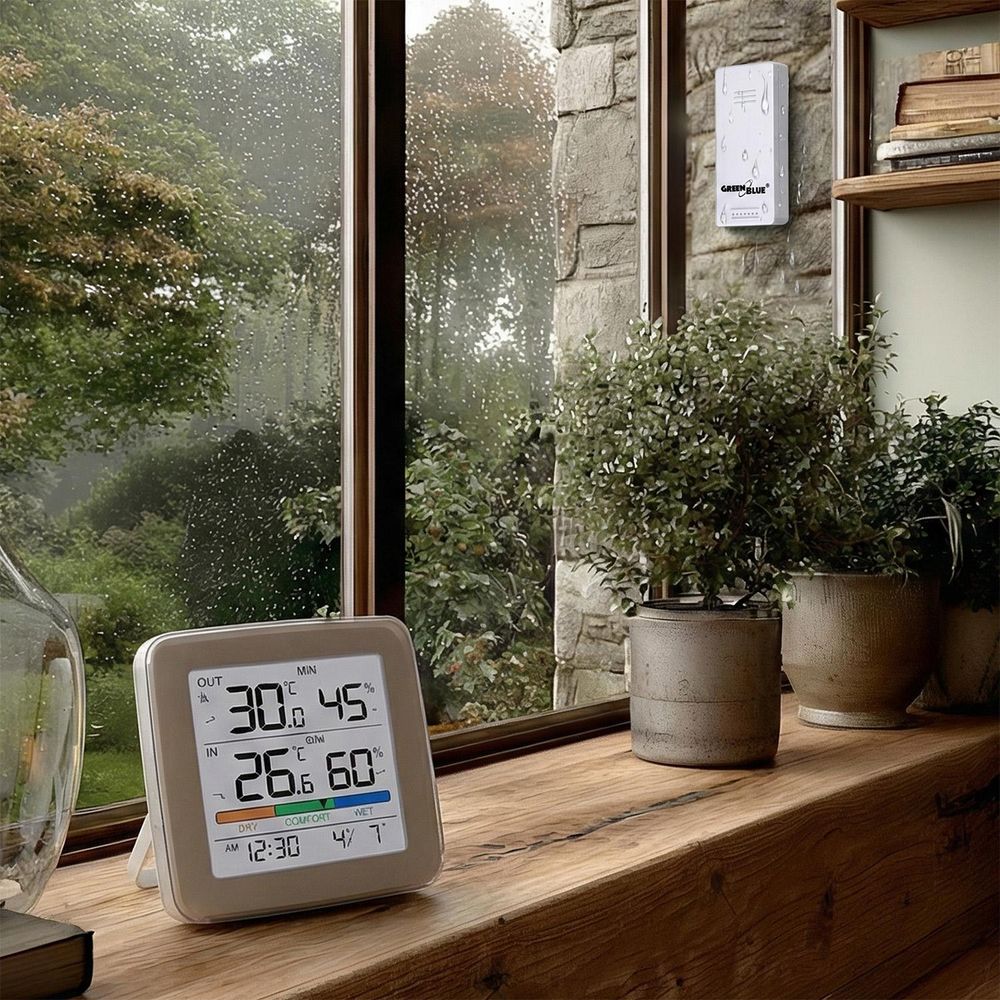 Drahtlose Wetterstation GreenBlue Temperatur + Luftfeuchtigkeit IN/OUT Uhr + Alarm + Datum wahlweise °C / °F Reichweite bis zu 60 m GB169