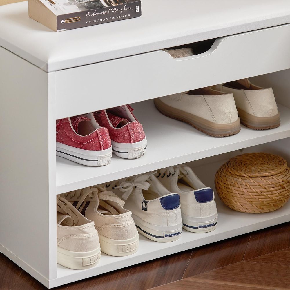 SoBuy Schuhbank Sitzbank Schuhregal mit Sitzfläche und Stauraum, stabile Schuhtruhe für Flur Wohnzimmer platzsparend bis 120 kg belastbar weiß FSR25-W