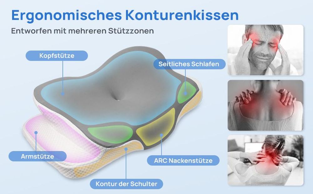 CMYbabee Nackenstützkissen aus Memory-Schaum, Ergonomisches 2-Höhen Kopfkissen für Rücken- & Seitenschläfer, 6 Zonen, Atmungsaktiv, Grau
