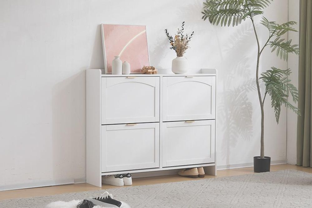 Merax Schuhschrank Schuhregal mit 4 Klappenfächern, moderner Schuhkommode mit freistehendes Regal, Maße: B110/H90/T24 cm