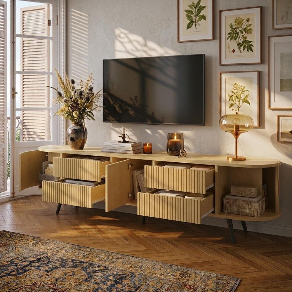 Merax Ovaler TV-Ständer  mit 4 Schubladen und 2 Rolltüren, TV Möbel bis 80 Zoll mit separaten Schrankfach, Lowboard Wohnzimmerschrank, Natur