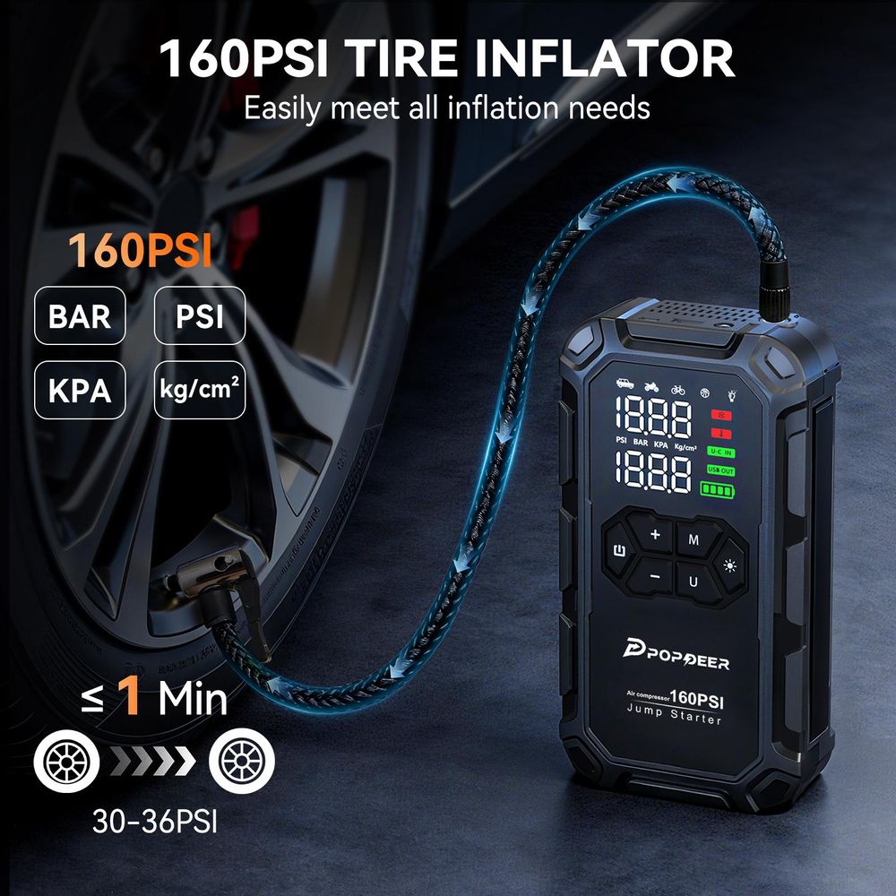 POPDEER PD-JA66 Starthilfegerät 6000 A mit Luftkompressor 160 PSI, für alle Benzin- und 8L-Dieselmotoren, LCD-Display, USB-Anschluss, LED-Leuchte