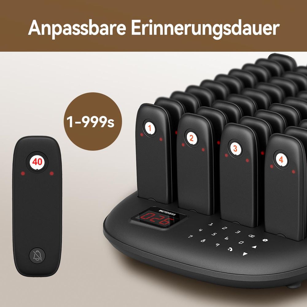 Retekess TD175M Restaurant Pager System, Alarmanlagen, 800 m, 18 Stunden Standby-Zeit , 7 Anrufmodi, One-Touch-Stummschaltung,  40 Mini-Pager für Café