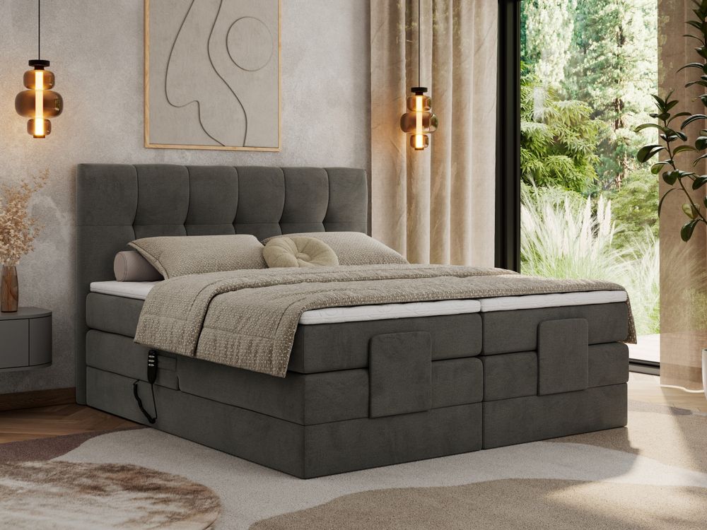 MKS MEBLE Boxspringbett 200 x 200 cm elektrisch verstellbar 7-Zonen Taschenfederkern Matratze mit Topper Bett 200 x 200 cm mit Motor Polsterbett Motorbett - Vittoria - Dunkelgrau Velvet - H3
