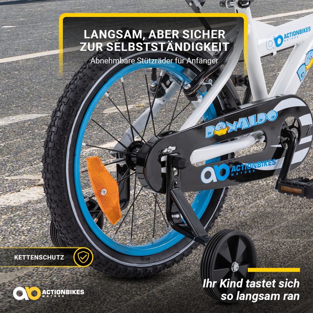 Actionbikes Kinderfahrrad Donaldo 16 Zoll | Kinder Fahrrad - V-Brake Bremsen - Kettenschutz - Fahrradständer - Fahrradkorb - 4-7 Jahre (Blau/Weiß)