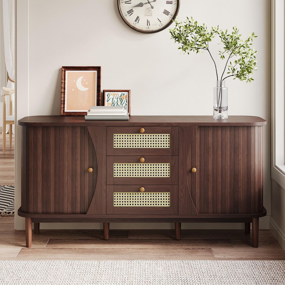 Merax Sideboard 140 cm, Rattanschrank mit 3 Schubladen & 2 Schiebetüren, rustikal, Holzoptik, Stauraum Wohnzimmer Flur, Walnuss