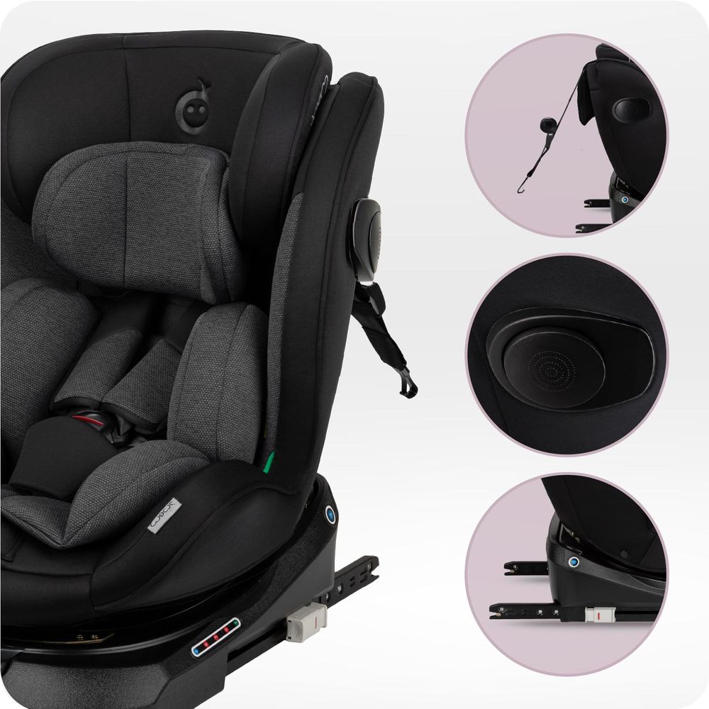 MoMi EMI – i-Size Kindersitz 40–150 cm (0–36 kg), 360° drehbar, ab Geburt rückwärts & vorwärts nutzbar, mit ISOFIX & Top Tether – Schwarz