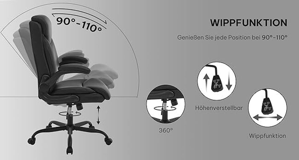 EUGAD Bürostuhl ergonomisch, Chefsessel 150 kg, Drehstuhl mit Rollen, hochklappbare Armlehnen, Sitzfläche aus PU, Schwarz