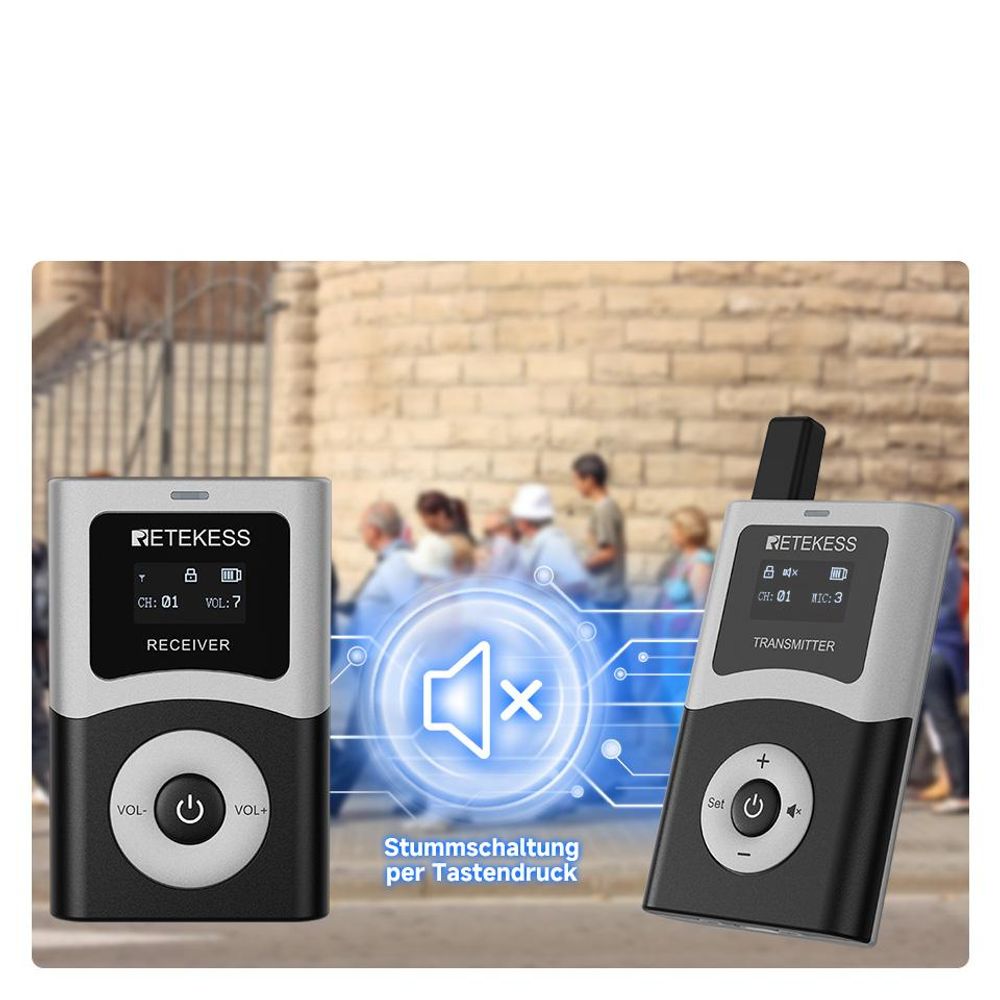 Retekess T130U, systém pro průvodce, audio systém s nabíjecím kufrem s 60 sloty, UHF, dosah 200 metrů, 40 hodin v pohotovostním režimu, mikrofon, vysílačka