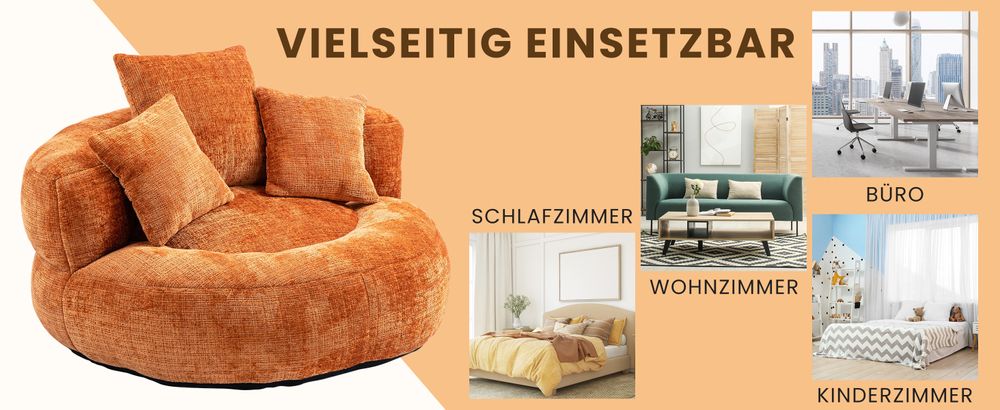 okwish Schlafsofa mit 3 Kissen,Ecksofa Lazy Sofa Indoor & Outdoor Sitzsack Relaxsessel für Schlafzimmer, Büro,Posterstuhl,Chenille-Stoff,Orange