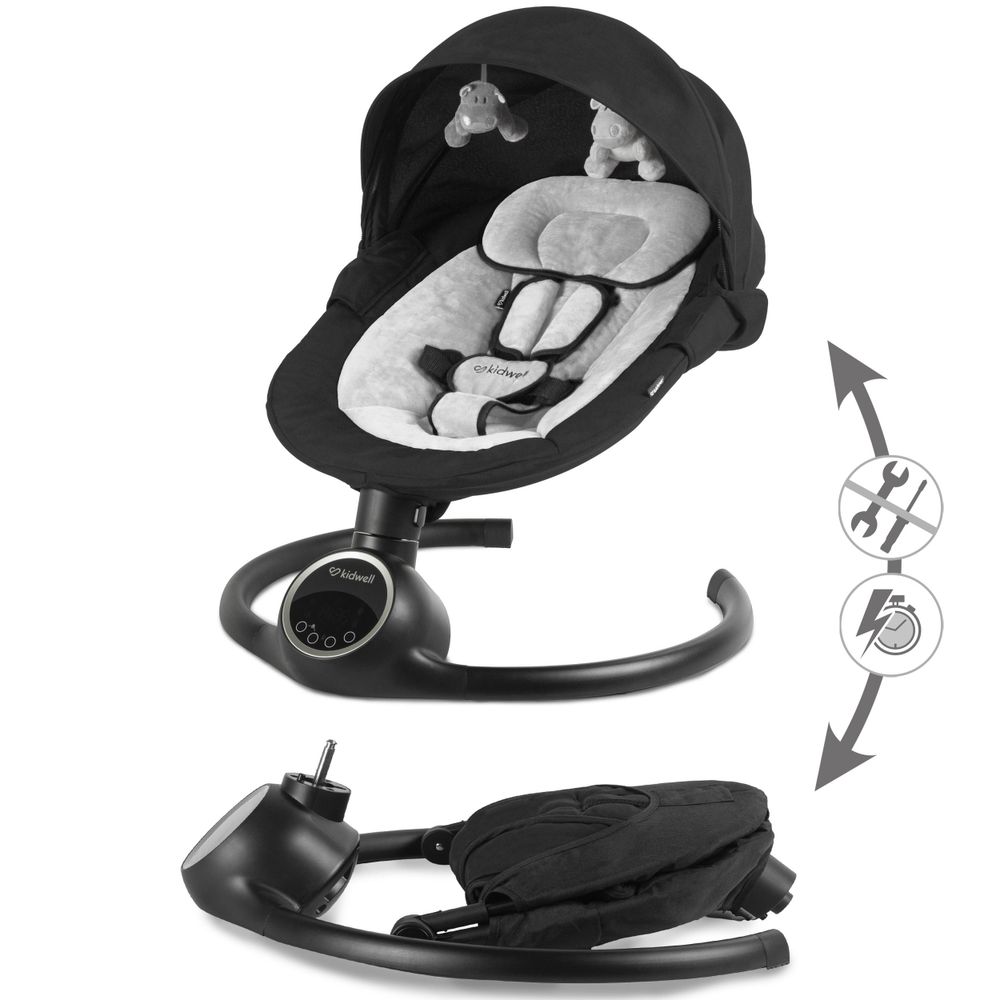 Kidwell REVE Elektrische Babywippe & Babyschaukel – Schaukel mit App-Steuerung, Bluetooth, Timer, Spielbogen & Moskitonetz (Black/Silver)