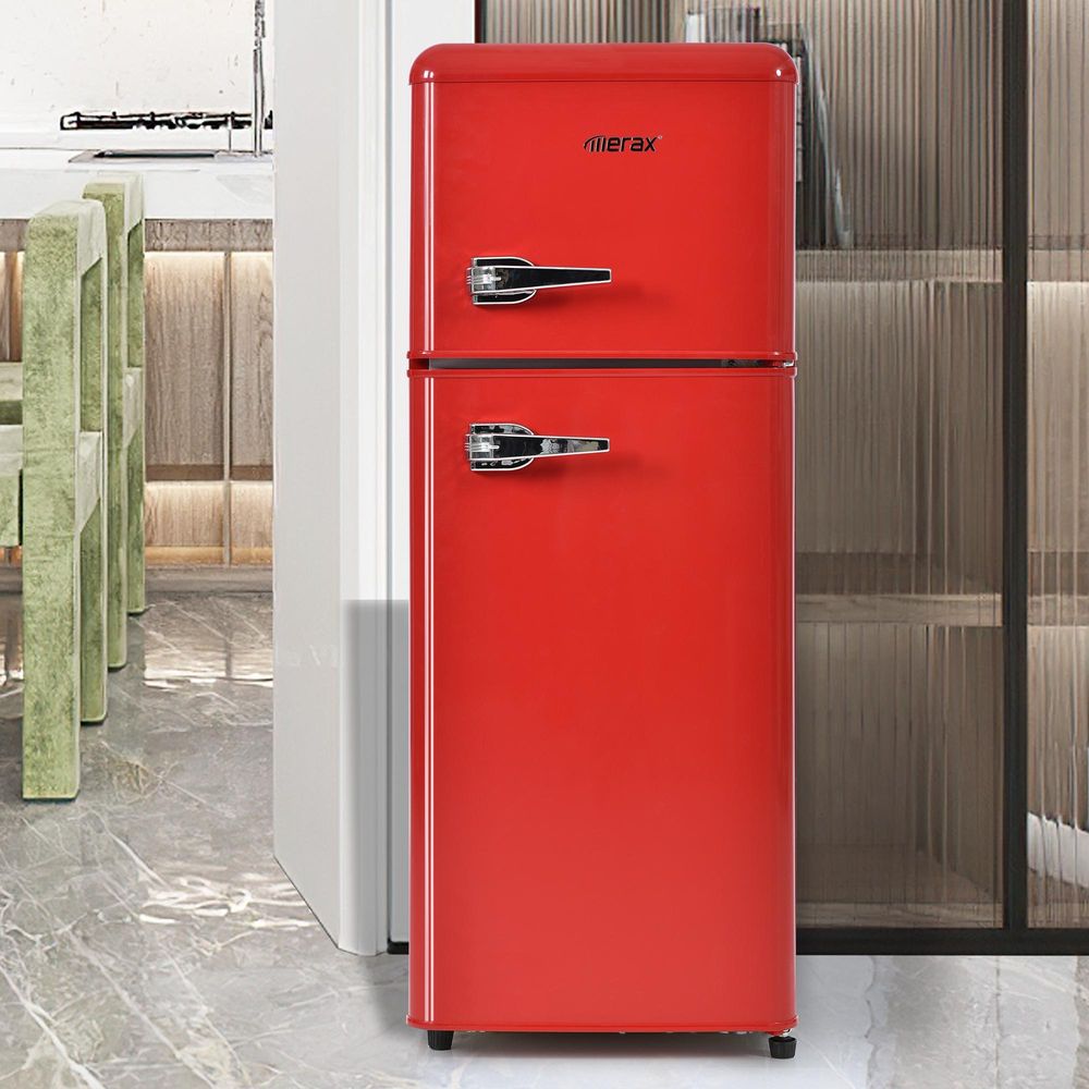 Merax Kühl-/Gefrierkombination BCD-102, Retrokühlschrank mit Doppeltür und LED-Beleuchtung, im Retro Design, 92 L, Rot