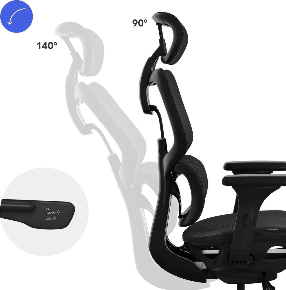 SENSE7 Nobu Ergonomiczne krzesło biurowe, czarne, z podłokietnikami 3D, zagłówkiem, oparciem z siatki i funkcją kołysania – fotel biurowy do domowego biura, nośność 130 kg