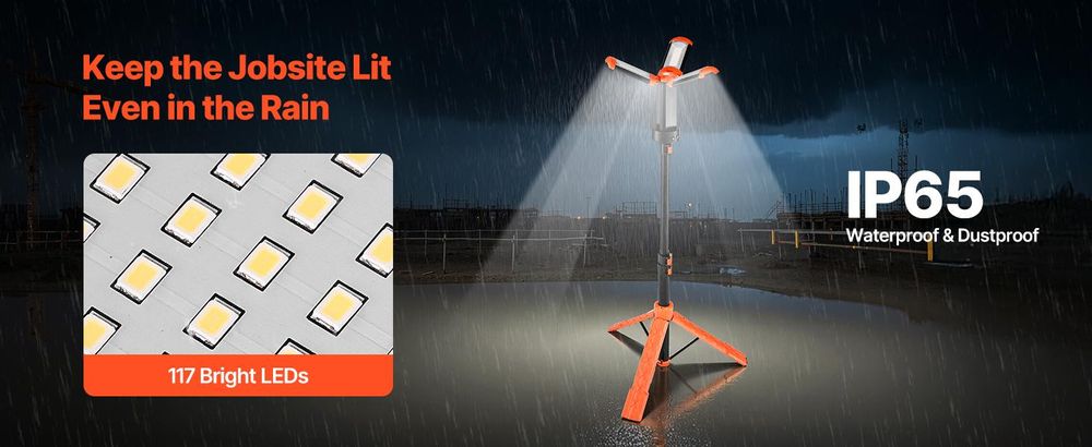 VEVOR LED-Arbeitslicht mit Stativ, 21000 Lumen, tragbares Campinglicht mit drei Köpfen und individuellem Schalter, Stativ, 3,3 m Stromkabel, für Innen- und Außeneinsatz auf Baustellen, IP65 wasserdicht, 2200 lm, 8Ah