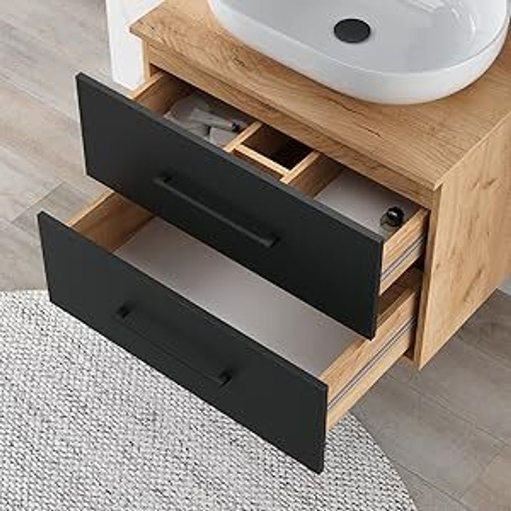 Planetmöbel Badmöbel Hochschrank Badezimmer Schrank schmal, Hochschrank LUX 30 cm Gold Eiche/Anthrazit