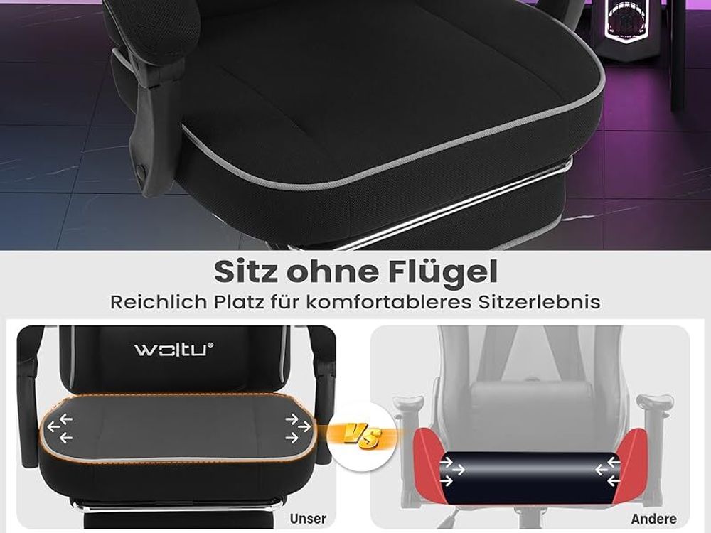 WOLTU Gaming Stuhl mit Taschenfederkissen, ergonomischer Drehstuhl, Netzstoff, Grau