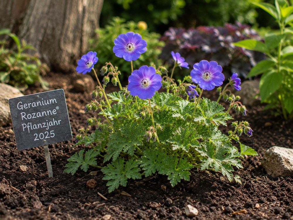 Junge Pflanze im Beet mit ersten Blüten, Pflanzjahr-Kontext erkennbar.