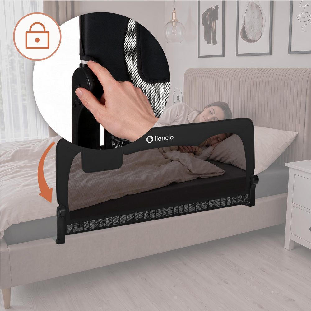 LIONELO Hanna Bettgitter Rausfallschutz 150 cm x 66 cm, zusammenklappbar um 180 Grad, luftiges Netz, einfache Montage, Standsafe-Blockade, SecureBelt, stabile Konstruktion