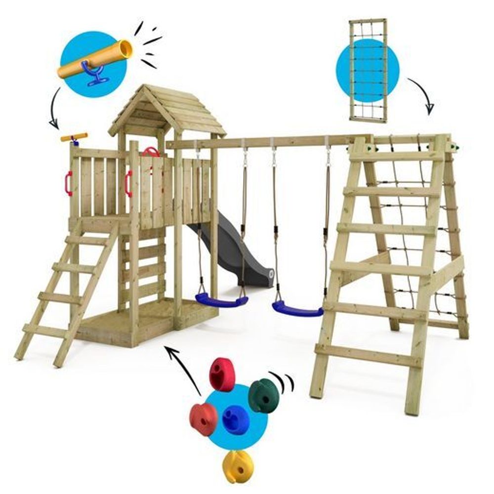 Spielturm Wickey RocketFlyer mit Schaukel und Kletteranbau in Anthrazit
