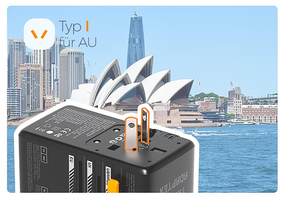 TESSAN Universal Reiseadapter 140W GaN Internationaler Steckeradapter mit 3 USB-C und 1 USB-A Typ C/G/A/I Schwarz