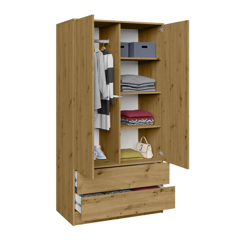 Geöffneter Schrank mit Schubladen, Kleidung und Fächern