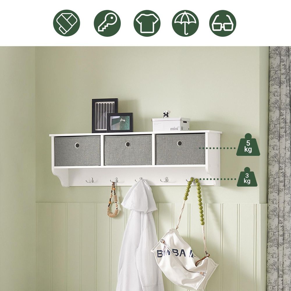 SoBuy Wandgarderobe Flurgarderobe Kleiderhaken Wandregal mit 3 Körben & 5 Haken Garderobenleiste Hängeregal für Flur Schlafzimmer Badezimmer FRG282-W