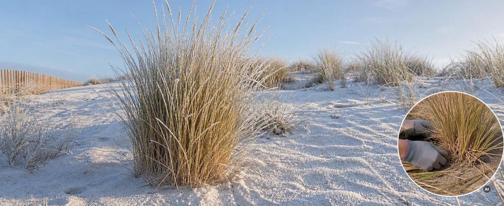 Ehrliches Winterbild: strohige, aufrechte Halme mit Raureif