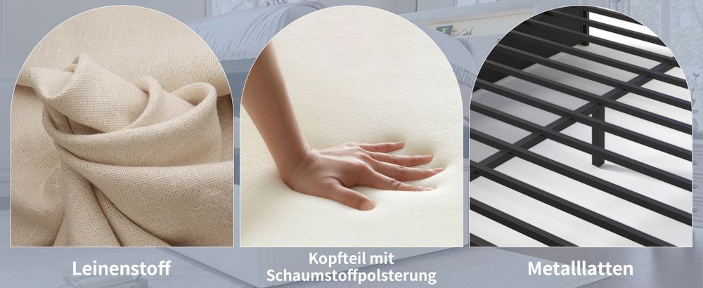 MODFU Boxspringbett Hydraulisches 140 x 200 cm mit LED-Beleuchtung, Polsterbett Funktionelles mit USB-Ladeanschluss, Doppelbett Stauraumbett mit Bettkasten Stauraum, Leinenmaterial Beige(Ohne Matratze)