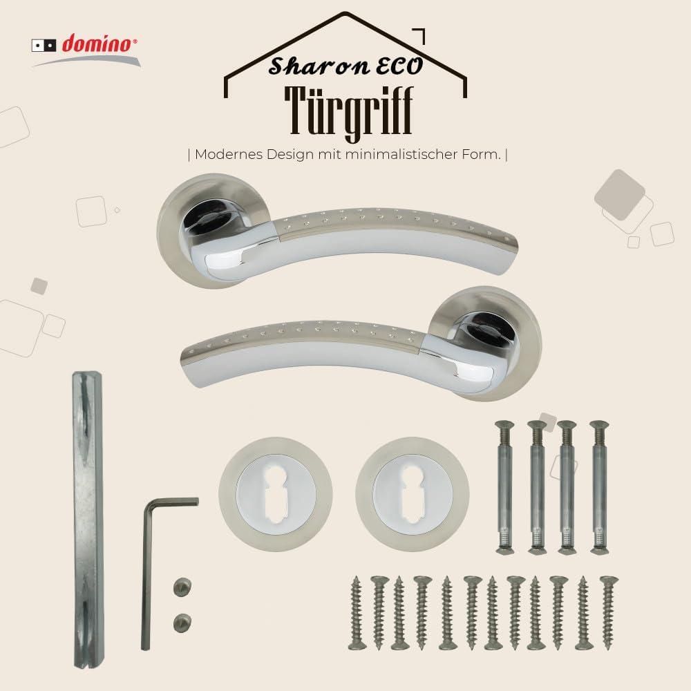 DOMINO Türgriff Drückergarnitur BB-Buntbart Set | Rund BB Rosette | Türklinke für Zimmertür, Bürotür, Kellertür & Innentür | Türbeschläge aus Aluminium | Chrom/Nickel Türdrückergarnitur | SHARON-R M6/M9