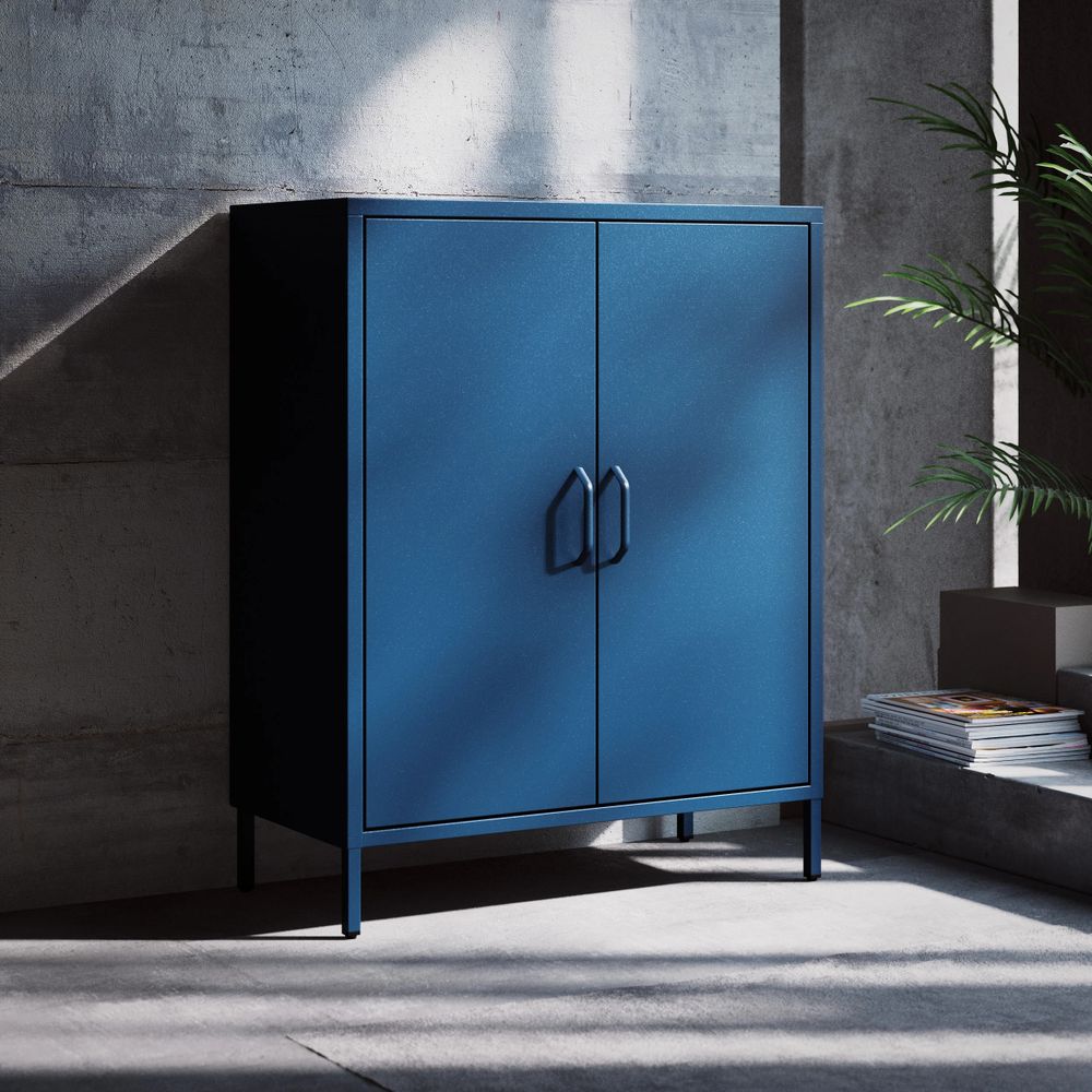 Jan Nowak Kommode mit Doppeltür VITO kleiner Schrank Magnetverschluss verstellbare Einlegeböden Metall Wohnzimmer Flur 80 x 101,5 x 40 cm, Dunkelblau