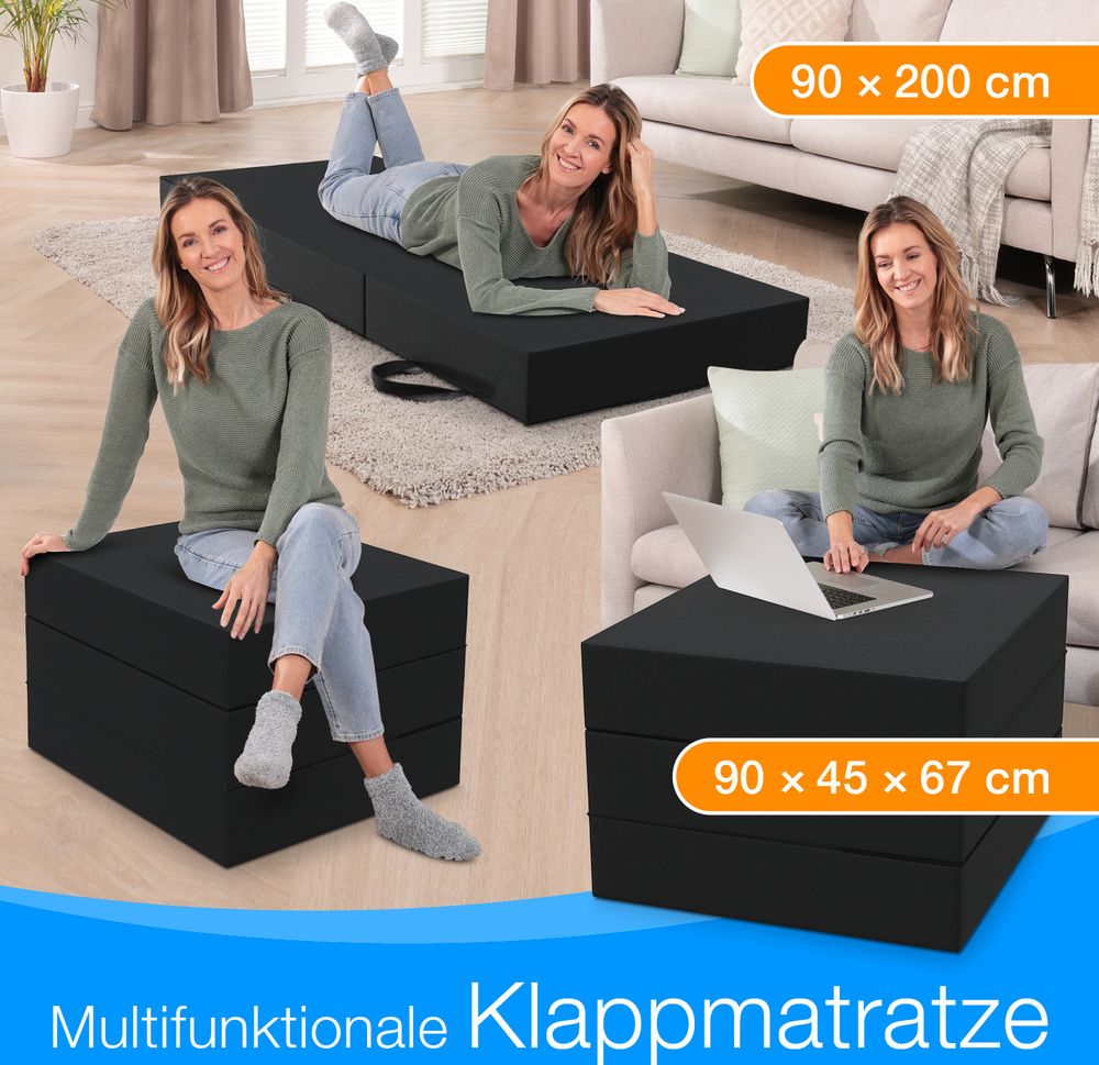 ELONEO Klappmatratze, Gästematratze, 3-teilige Faltmatratze, Schaumstoff extra dick(15cm), Bandscheibenwürfel, klappbar, faltbare Matratze, (Schwarz)