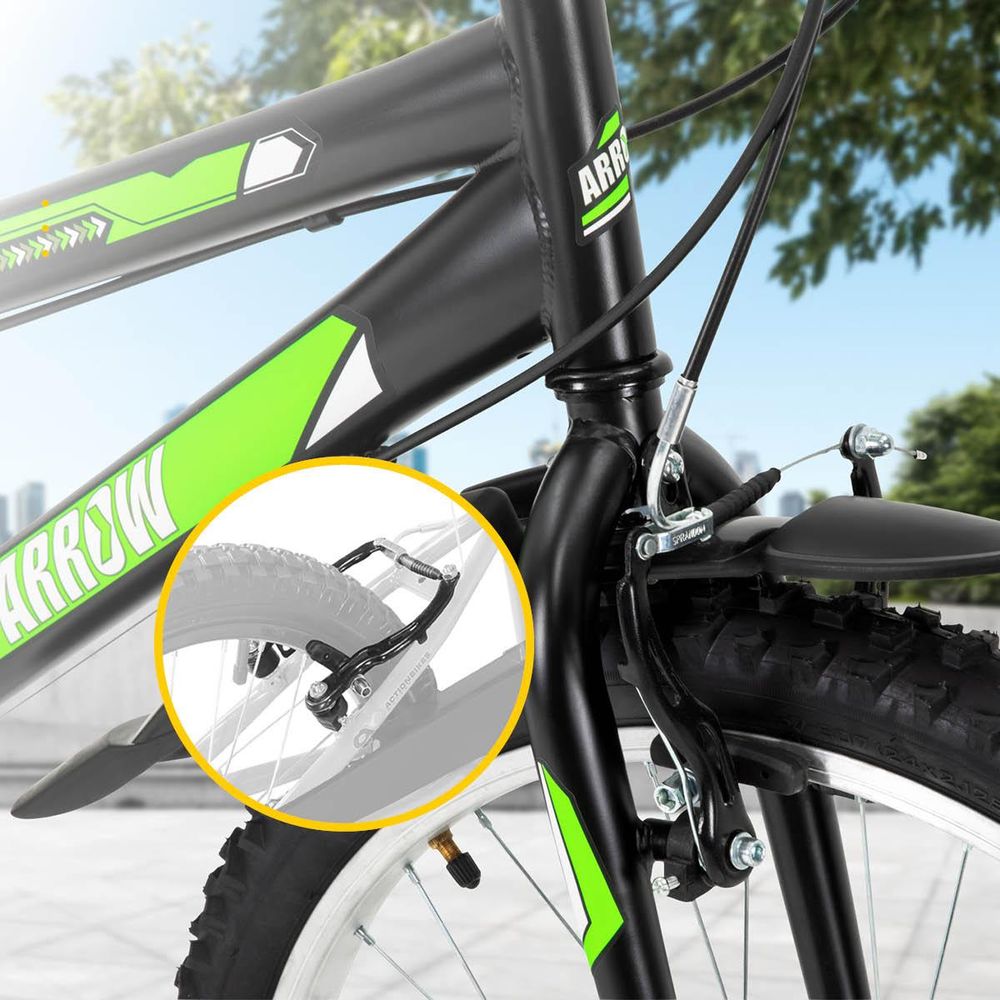 Actionbikes Kinderfahrrad Arrow 24 Zoll | Kinder Fahrrad- V-Brake Bremsen - Kettenschutz - Fahrradständer - Handschaltung - 8-12 Jahre (Schwarz/Grün)