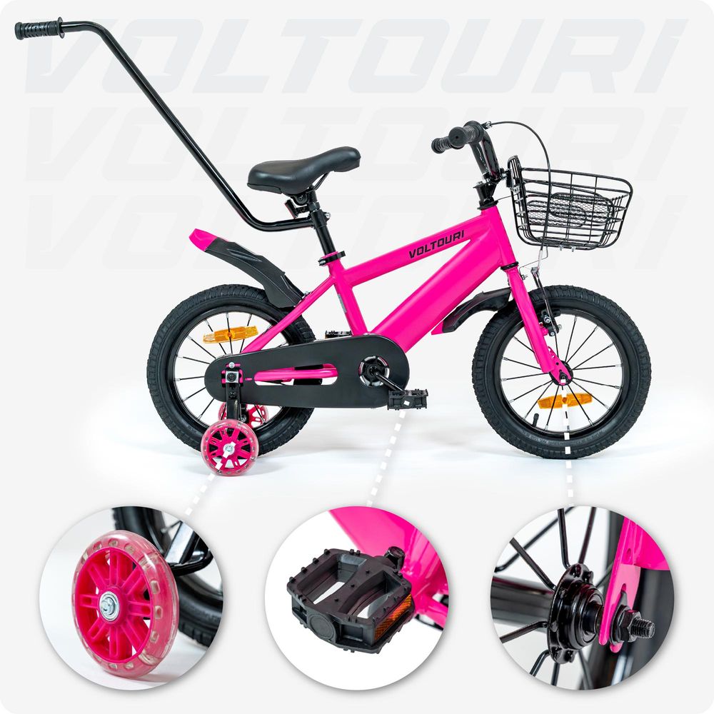 Kinderfahrrad 14 Zoll mit leuchtenden Stützrädern, Schiebestange und Korb – für Kinder 3–6 Jahre