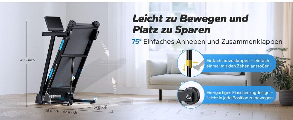Klappbares elektrisches Laufband – 2,5 PS, bis 12 km/h, leiser Motor, LED-Anzeige, APP & Tablet-Halter, Herzfrequenzmessung, bis 136 kg, Home & Office