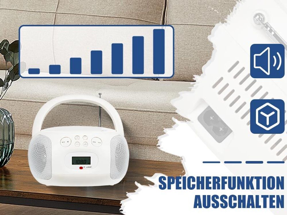 Retekess TR636 Tragbarer CD-Player, Boombox mit Bluetooth, FM Radio, USB,AUX-In,Sleep-Timer, Fernbedienung, Einfache Bedienung für Kinder und Ältere Menschen (Weiß)
