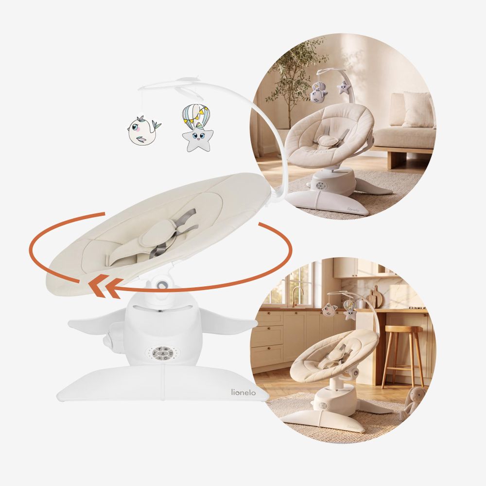 Lionelo Vivi Set: Dondolo elettrico per bambini con vaschetta, funzione culla, Bluetooth, sensore di movimento, telecomando, adatto da 0 a 9 kg