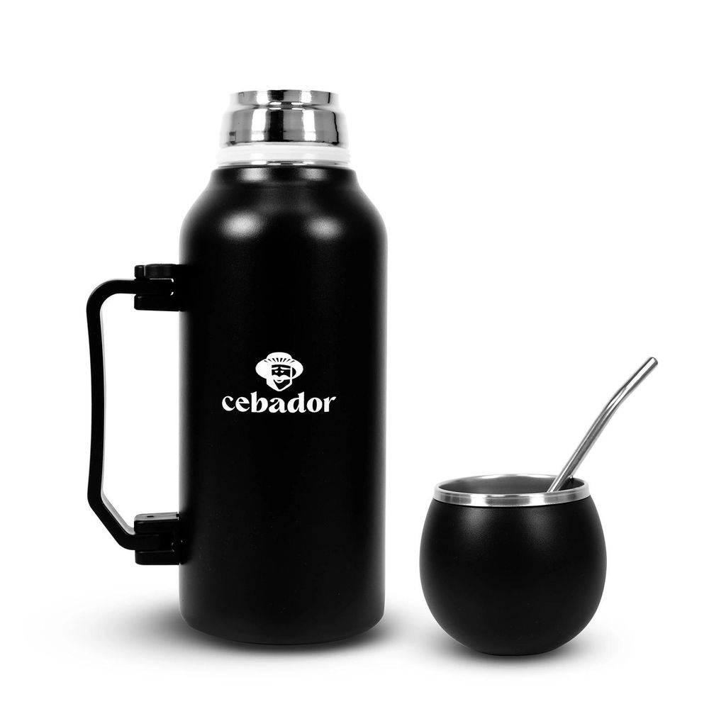 Cebador - Thermoskanne YerbaGo 1,3l - 3-in-1 Thermos, Mate Becher, Bombilla - Edelstahl Schwarz - Vakuumisolierung - Doppelwandig, Temperaturhaltend