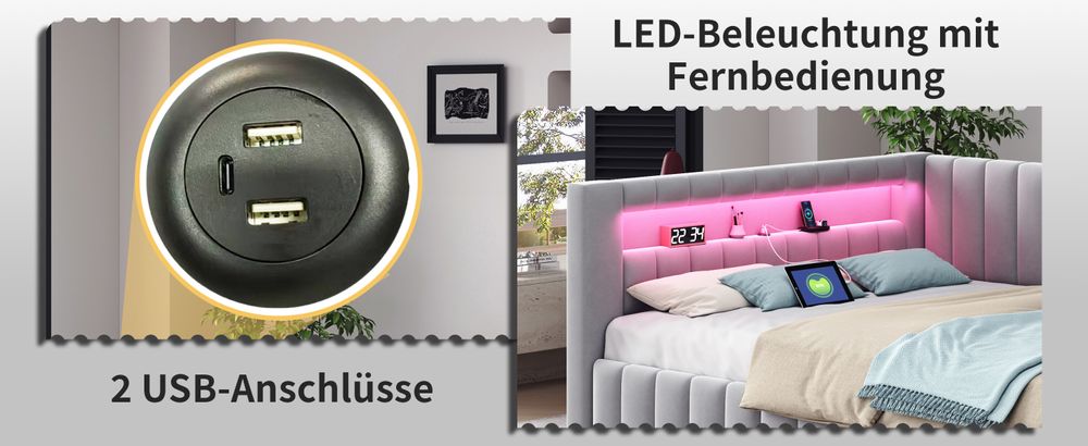 MODFU Schlafsofa Tagesbett 140x200cm mit LED-Licht und USB-Ladeanschluss,Polsterbett Daybett mit mit Rückenlehne, Kinderbett Jugendbett,Hellgrau(Ohne Matratze)
